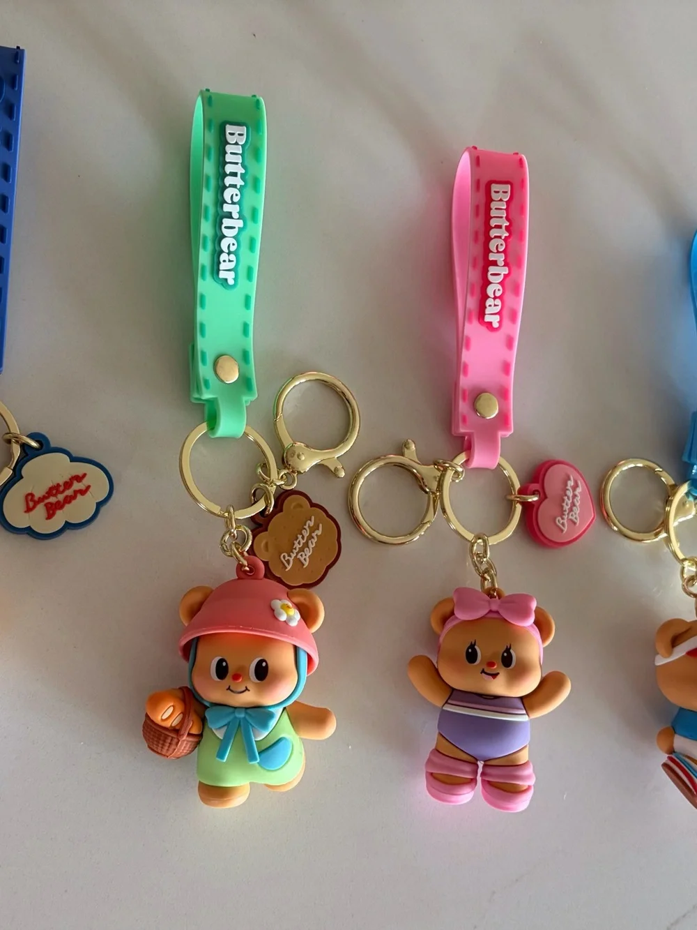 Adorable Butter Bear Keychain Set, Pink, Green, Blue Straps - Series 2 FULL SET